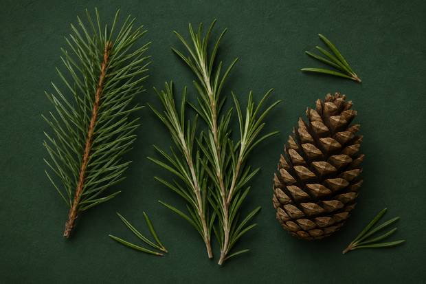 A pine sprig, rosemary stems and a fir cone on deep forest green.